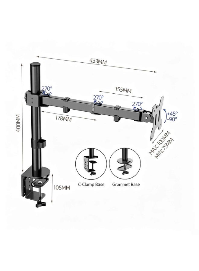 Single Monitor Arm,Adjustable Computer Desk Mount,Tilt, Swivel, Rotate,for 13–32 inch Screens,Hold 22 lbs,Monitor Stand with C-Clamp & Grommet Base - Image 3