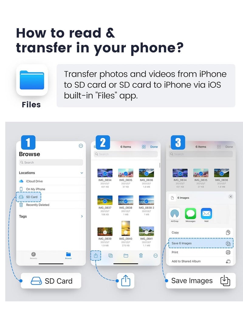 GUDOO - قارئ بطاقة SD لـ iPhone و iPad، Oyuiasle Trail Game Camera قارئ بطاقة الذاكرة، محول بطاقة الذاكرة مع فتحات SD و MicroSD، التوصيل والتشغيل. - Image 1