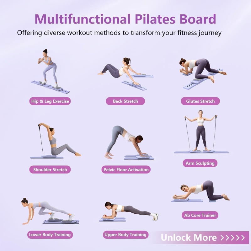 KVKVMO Pilates Board for Home Workout - Upgraded 7 in 1 Portable Pilates Reformer Set, Multifunctional Ab Trainer with Resistance Bands & LED Timer, Pilates Board for Women Full Body Workout - Image 3