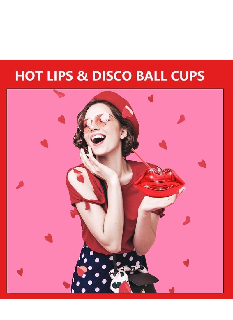 Excefore - Sippy Cup Hot Red Lips Disco Ball Cups with Straws Electroplated Plastic Creative Shaped Straw Cup for Bachelorette and Single Girl Parties Removable and Reusable 2 PCS - Image 1
