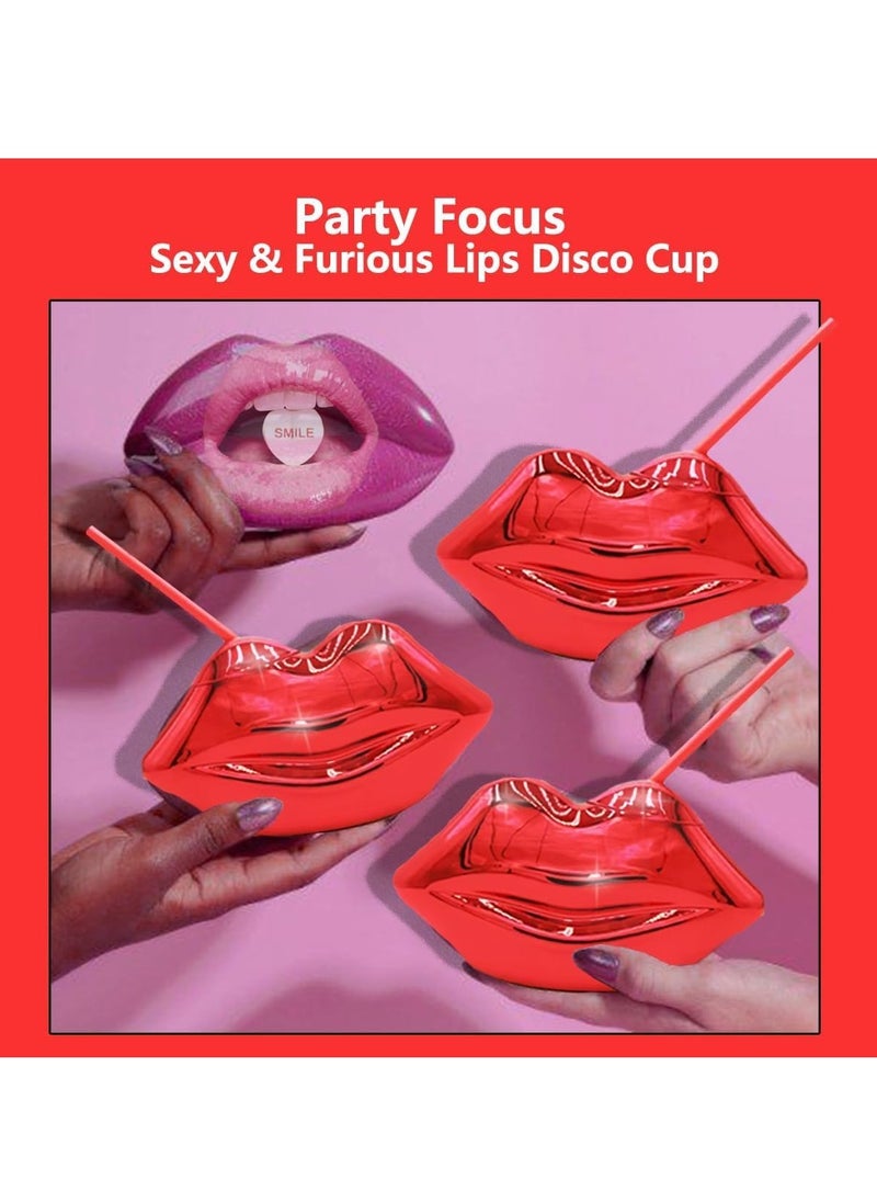 Excefore - Sippy Cup Hot Red Lips Disco Ball Cups with Straws Electroplated Plastic Creative Shaped Straw Cup for Bachelorette and Single Girl Parties Removable and Reusable 2 PCS - Image 1