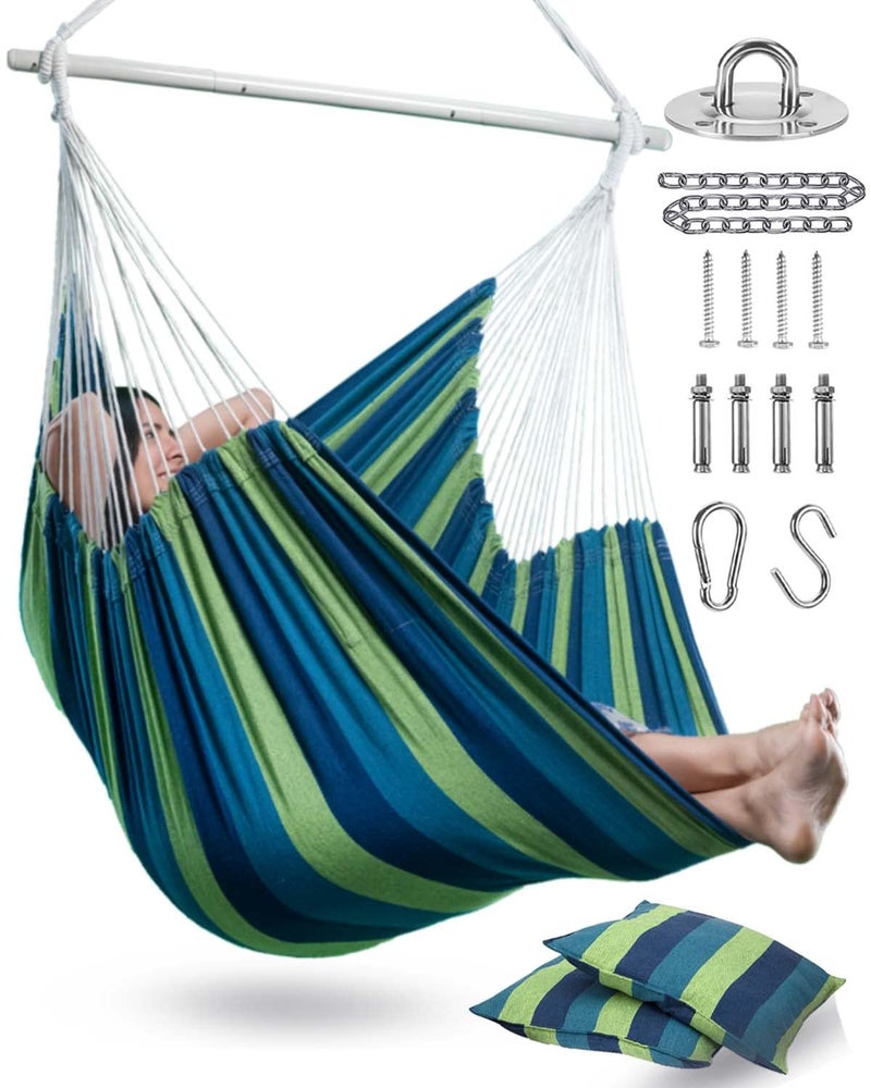 Lulladle XXL Hammock Chair Hanging Rope Swing with 2 Cushions - Max 500lbs-Perfect for Patio, Porch, Bedroom, Backyard, Indoor or Outdoor - Includes Hanging Hardware Kits - Image 1