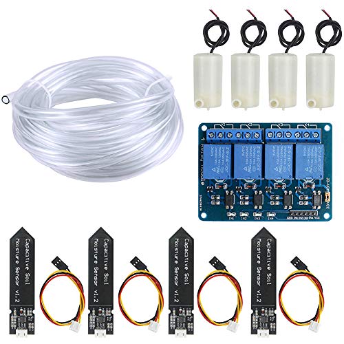 WayinTop Automatic Irrigation DIY Kit Self Watering System with PDF Tutorial, 4pcs Capacitive Soil Moisture Sensor 4Channel 5V Relay Module and 4pcs Water Pump + 4M Vinyl Tubing for Garden Plant - Image 1