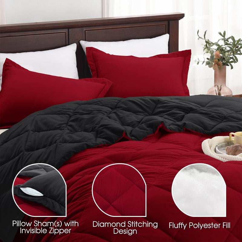 Basic Beyond Queen Comforter Set, Red and Black Comforter Set Queen Size, Reversible Bed Comforter Queen Bed Set for All Seasons, 1 Comforter (88"x92") and 2 Pillow Shams (20"x26"+2") - Image 4