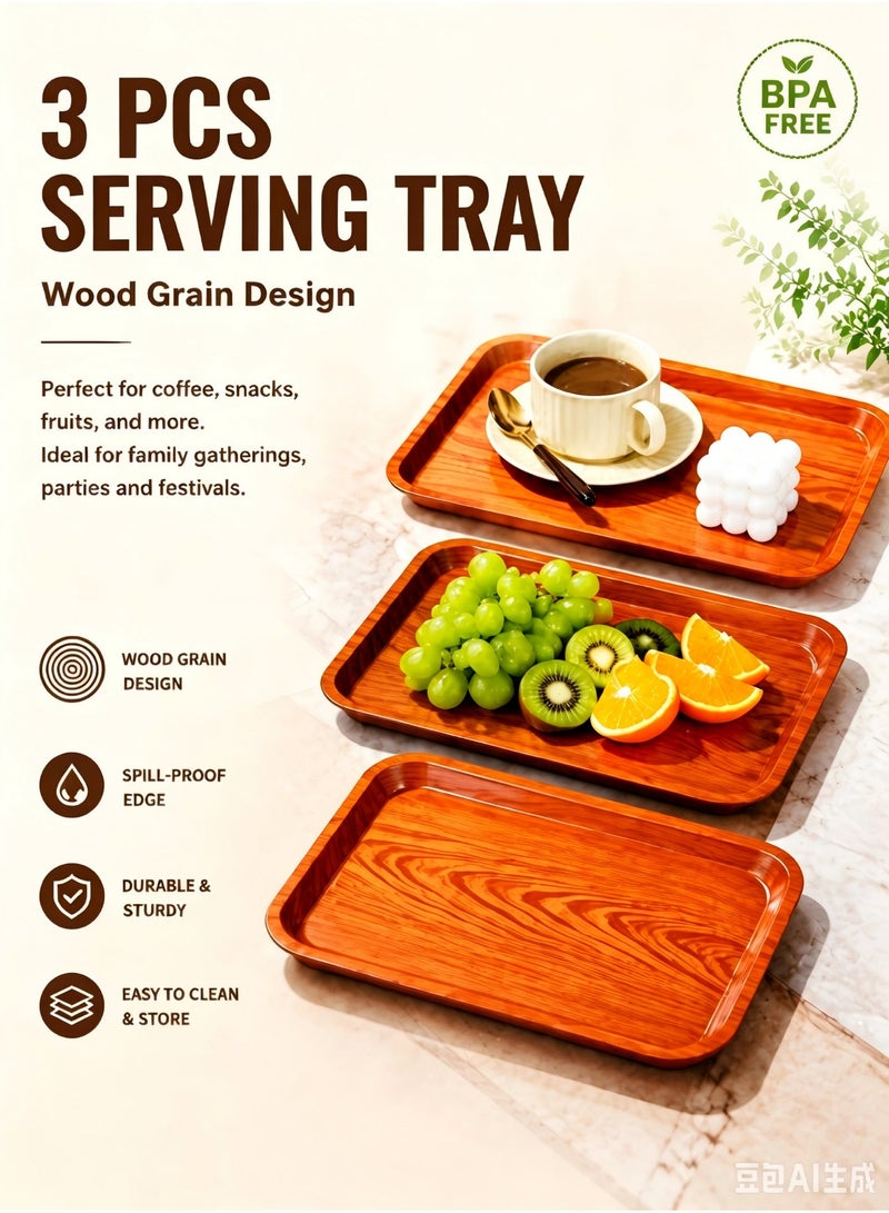 Ayshal 3 PCS Serving Tray, Wood Grain Serving Tray, Serving Plate, Spill-Proof Tray, Fruit Decorative Platter, Tea Snack Tray for Coffee, Family Party and Festival - Image 1