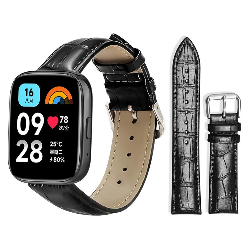 لساعة Redmi Watch 3 Active / Lite 20 مم حزام ساعة جلدي بمشبك دبوس من الخيزران (أسود) - Image 1