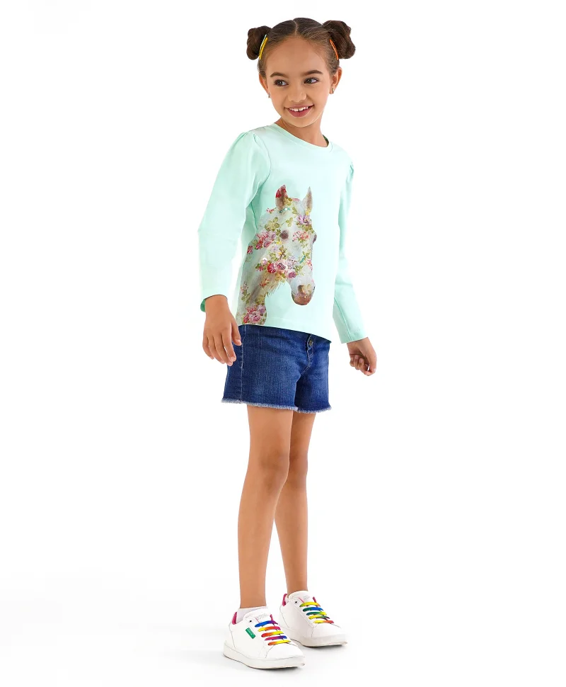 Primo Gino Primo Gino Cotton Elastane Full Sleeves T-Shirt With Digital Print & Sequins - Green