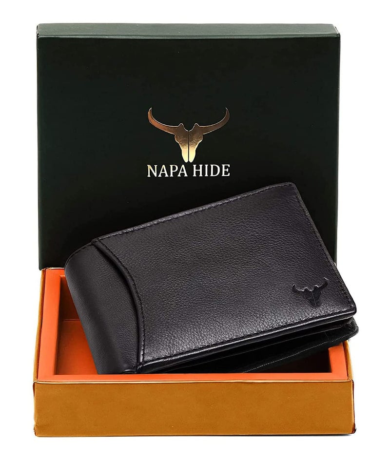 Napa Hide محفظة جلدية سوداء للرجال من نابي هايد | 2 حجرة سرية | 6 فتحات لبطاقات الائتمان/الخصم | 2 حجرة نقود | 3 نوافذ هوية شفافة | 1 جيب للعملات وسحاب - Image 3