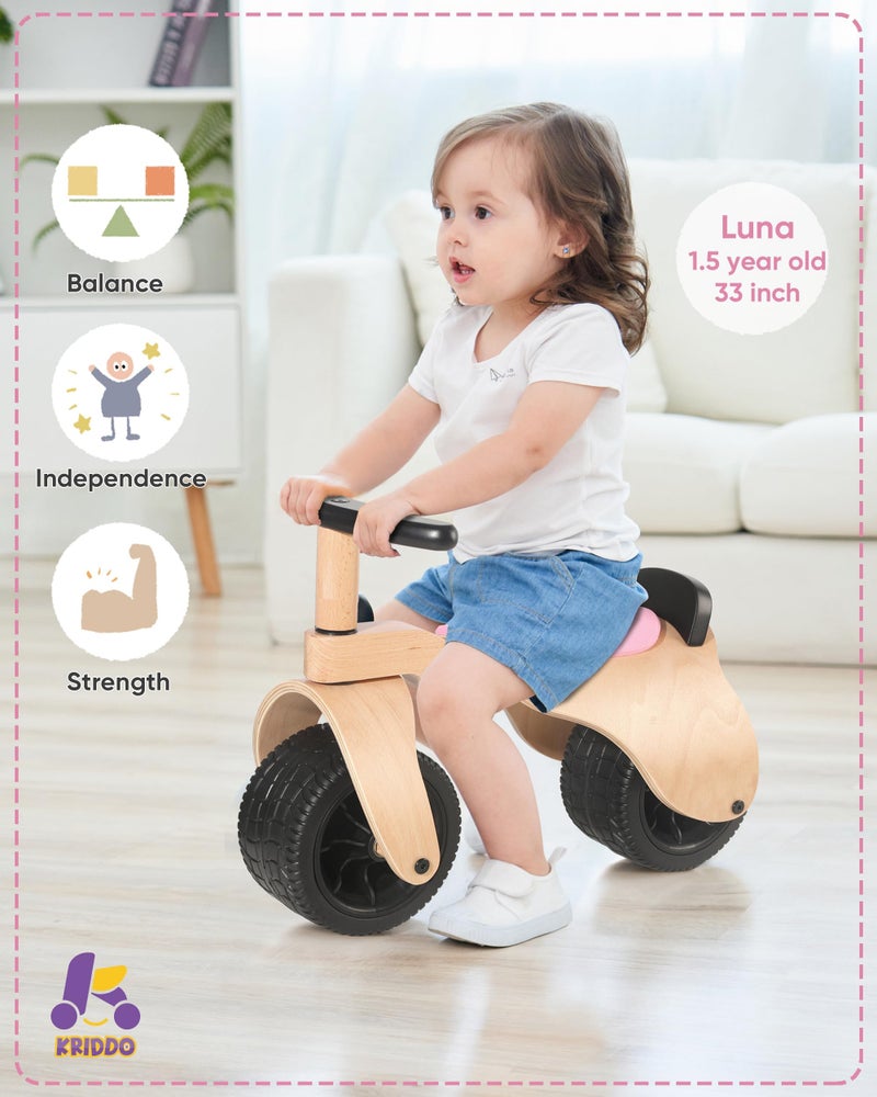 KRIDDO Wooden Baby Balance Bike 1 Year Old, Wide Wheels for Stable and Smooth Ride, Boy Girl First Balance Bike Gift for 12 Month to 3 Year, Non-Sharp Parts, Soft Seat, Pink - Image 2