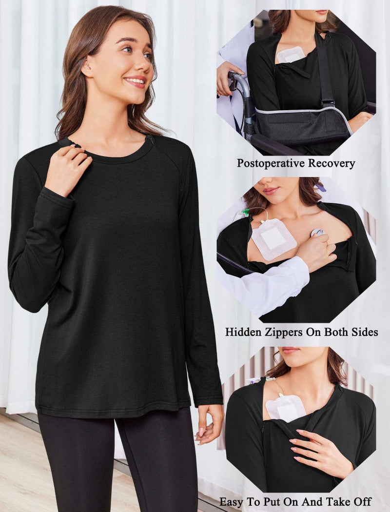 Deyeek Chemo Shirts for Women with Dialysis Port Access 2 Side Zippers Long Sleeve Shoulder Post Surgery Shirt - Image 4