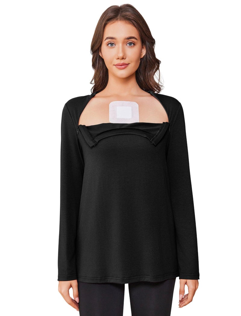 Deyeek Chemo Shirts for Women with Dialysis Port Access 2 Side Zippers Long Sleeve Shoulder Post Surgery Shirt - Image 1