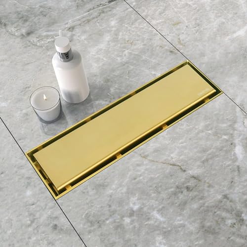 Neodrain مصرف دش خطي ذهبي 12 بوصة من نودرين، غطاء مسطح وقرص بلاط 2 في 1، مصرف خطي من الفولاذ المقاوم للصدأ، مصرف دش مستطيل من النحاس المصقول مع مصفاة شعر، معتمد من WATERMARK وCUPC - Image 1