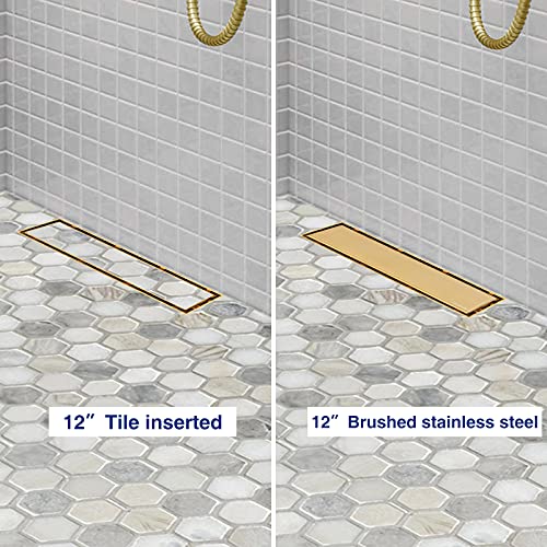 Neodrain مصرف دش خطي ذهبي 12 بوصة من نودرين، غطاء مسطح وقرص بلاط 2 في 1، مصرف خطي من الفولاذ المقاوم للصدأ، مصرف دش مستطيل من النحاس المصقول مع مصفاة شعر، معتمد من WATERMARK وCUPC - Image 2
