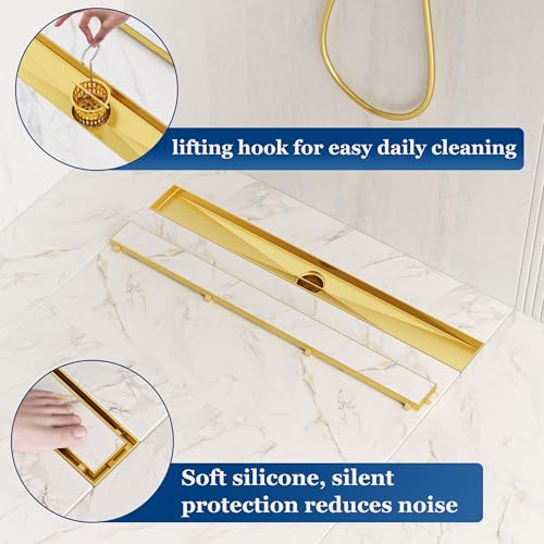 Neodrain مصرف دش خطي ذهبي 12 بوصة من نودرين، غطاء مسطح وقرص بلاط 2 في 1، مصرف خطي من الفولاذ المقاوم للصدأ، مصرف دش مستطيل من النحاس المصقول مع مصفاة شعر، معتمد من WATERMARK وCUPC - Image 5