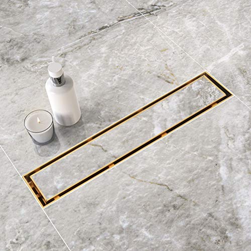 Neodrain مصرف دش خطي ذهبي 12 بوصة من نودرين، غطاء مسطح وقرص بلاط 2 في 1، مصرف خطي من الفولاذ المقاوم للصدأ، مصرف دش مستطيل من النحاس المصقول مع مصفاة شعر، معتمد من WATERMARK وCUPC - Image 4