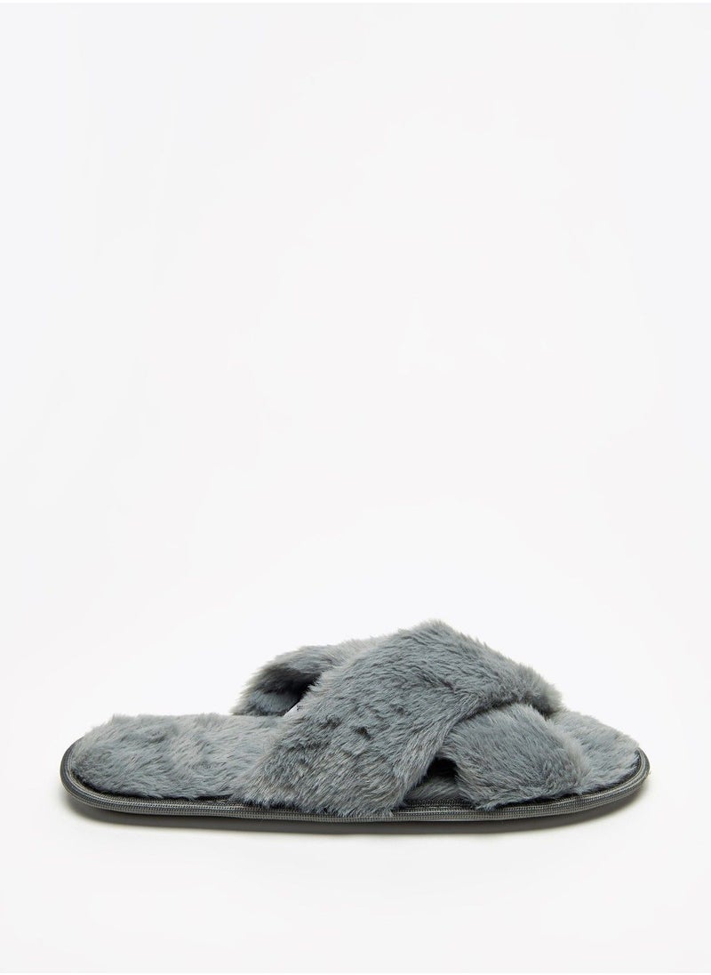 shoexpress - Plush Textured Cross Strap Bedroom Slide Slippers - Image 1