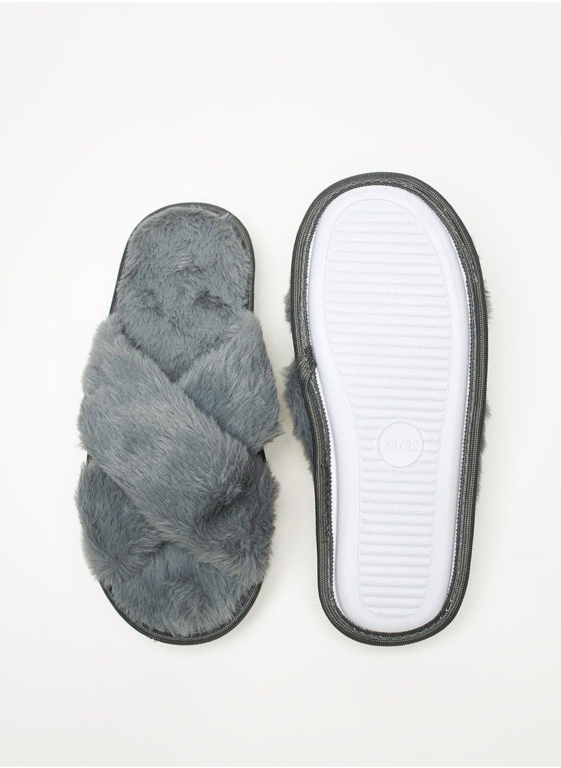 shoexpress - Plush Textured Cross Strap Bedroom Slide Slippers - Image 1