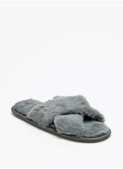 Plush Textured Cross Strap Bedroom Slide Slippers