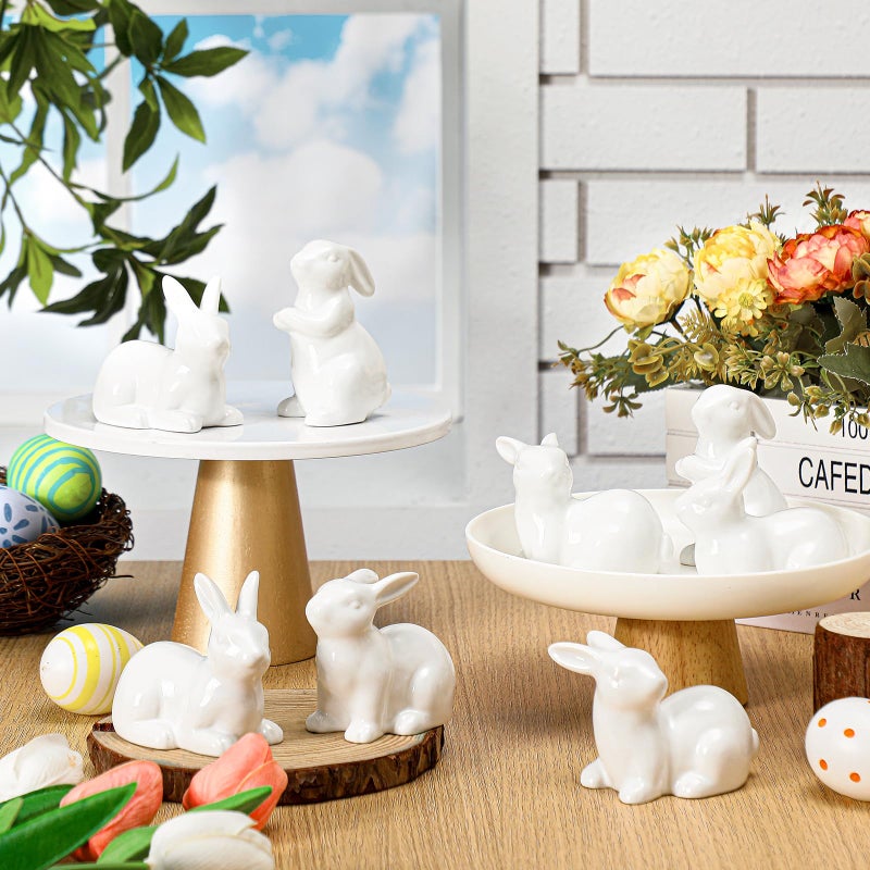 Nuenen 8 Pcs Easter Bunny Decorations Mini Ceramic Rabbit Figurine Decor Vintage Bunny Figurine 3.5 Inch Spring Easter Porcelain Modern Home Decor for Living Room, Bedroom, Office Desktop(White) - Image 1