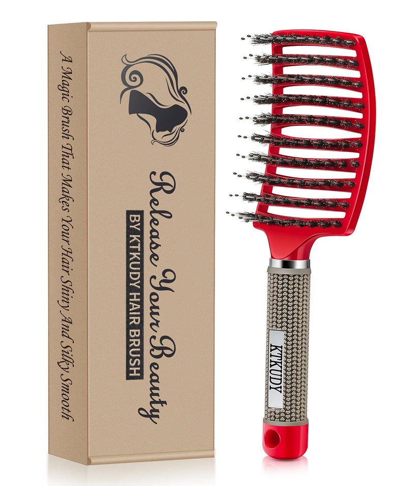 KTKUDY Detangling Hair Brush  Boar Bristle  TangleFree Design for Kids Women and Men  Perfect for Wet and Dry Hair  Smooth Magical PainFree Styling Red
