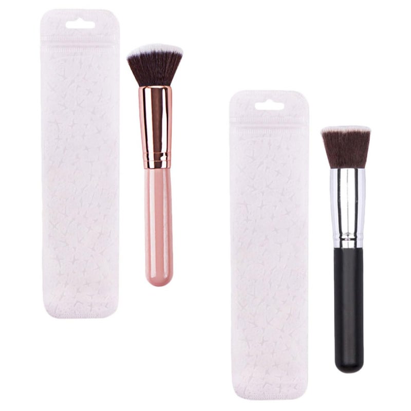 2pcs Foundation Makeup Brush Set Flat Top Powder Blush Cosmetic Brush with Rose Gold and Black Handles, High-density Synthetic Bristles for Cream and Liquid Makeup, Portable Face - Image 1
