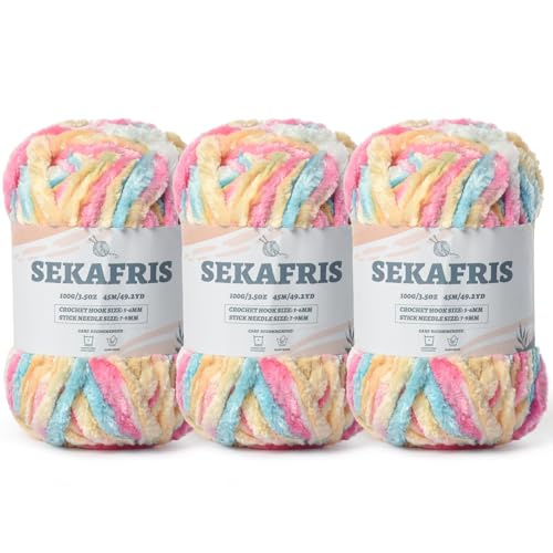 Sekafris Fuzzy Chunky Chenille Yarn for Crocheting，Soft Plush Yarns for Hand Knitting，Bulky 3x100 g（3X49.2 yd） Baby Blanket Yarn for Crocheting Amigurumi，Crochet Fluffy Velvet Yarns (Candy Color) - Image 1
