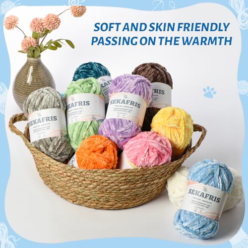 Sekafris Fuzzy Chunky Chenille Yarn for Crocheting，Soft Plush Yarns for Hand Knitting，Bulky 3x100 g（3X49.2 yd） Baby Blanket Yarn for Crocheting Amigurumi，Crochet Fluffy Velvet Yarns (Candy Color) - Image 4