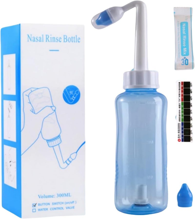 HOGOOD 300ML Sinus Rinse Machine, Pressure Sinus Rinse Care, with 2 Water Discharge Modes and Sticker Thermomete Neti Pot, Nose Cleaner for Adult & Kid, Bpa Free 300ML with 30 Nasal Wash Salt Packets - Image 1