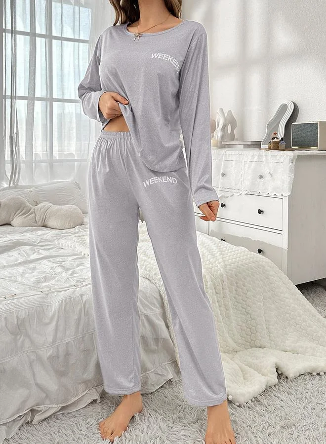 Take Two Grey Take Two Weekend Print Long Sleeve T-Shirt and Pyjama Set for Women | Best Price UAE