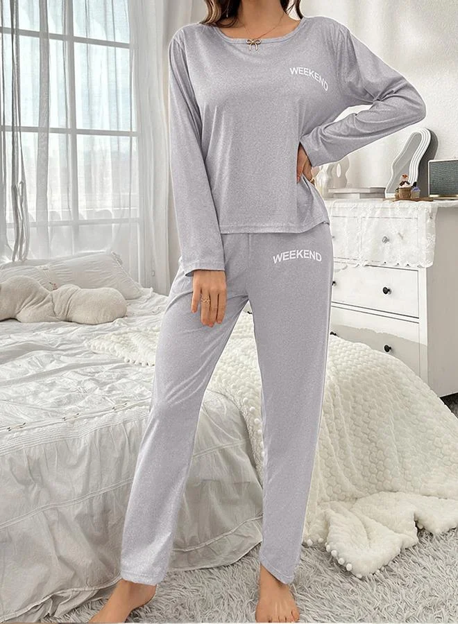 Take Two Grey Take Two Weekend Print Long Sleeve T-Shirt and Pyjama Set for Women | Best Price UAE