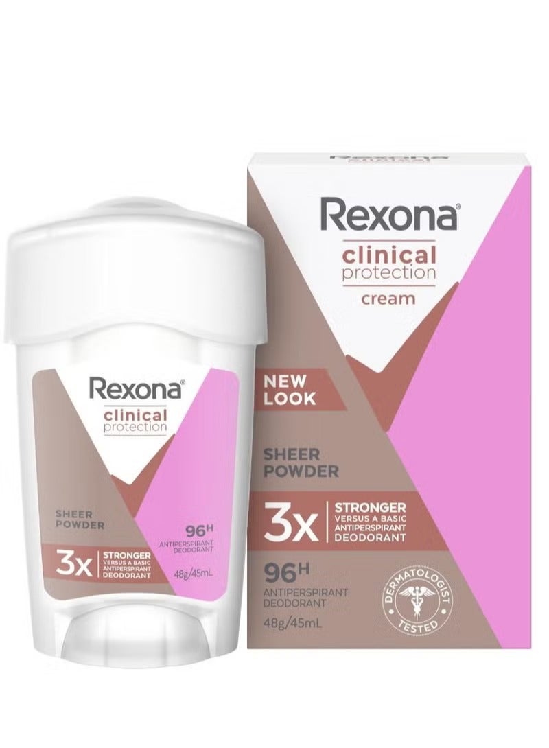 Rexona Women Clinical Protection Antiperspirant Cream Sheer Powder provides 96 hours 45 ml