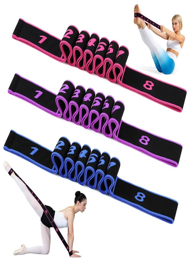 Timeno 8-Section Numbered Elastic Resistance Band | Fitness Band with Clear Markings for Yoga, Stretching, Pilates (3psc B-Purple + Blue + Rose Red) - Image 1