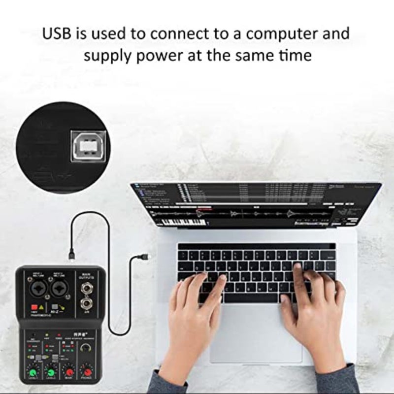 خلاط صوت صغير ثنائي القناة USB مع طاقة فانتوم 48 فولت، وحدة تحكم مدمجة لمزج الصوت للنوادي الصغيرة، والحانات، والجيتار، والباس، ولوحات المفاتيح، وتسجيل الاستوديو، والمنزل، والكاريوكي عبر الإنترنت - Image 5