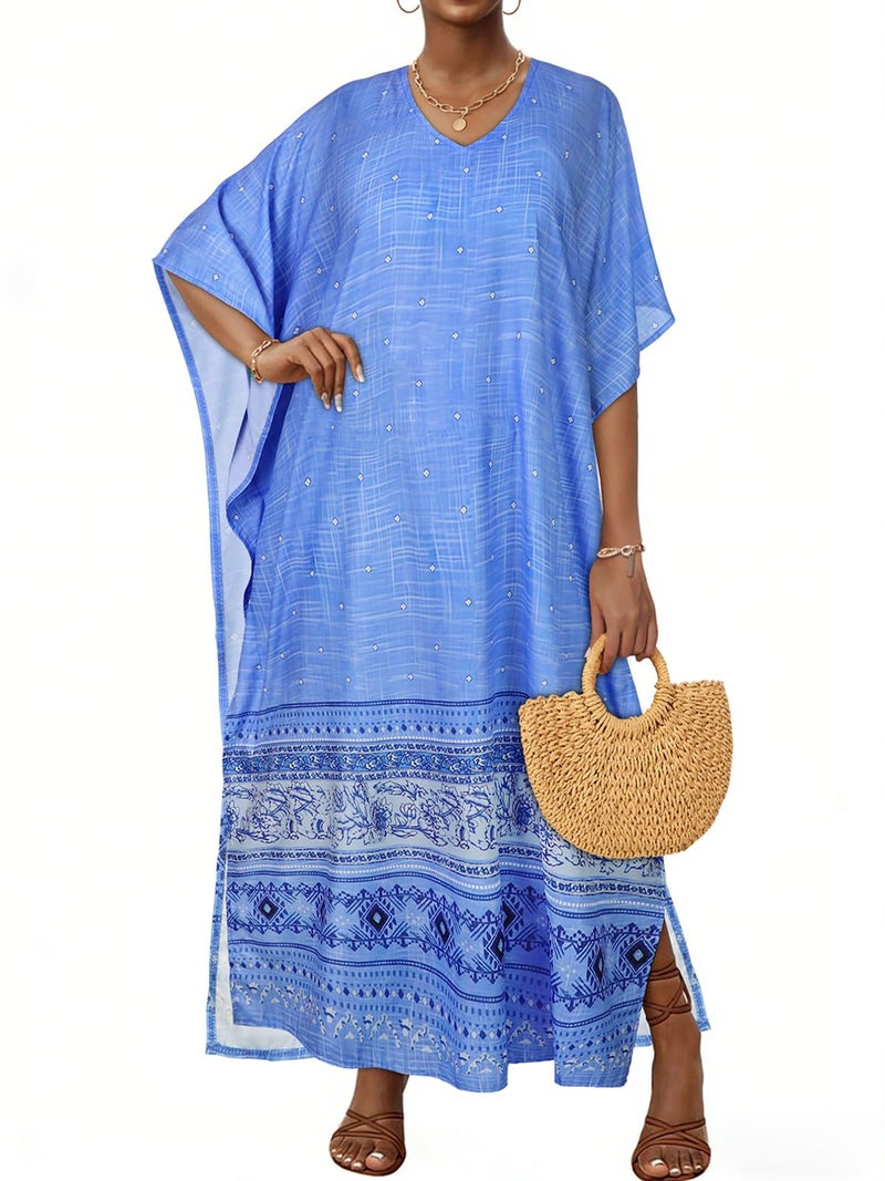 JILUVIN Kaftan Dresses for Women Plus Size V Neck Caftan Long Batwing Sleeve Swimsuit Cover Up Beach Swimwear (Light Blue Ethnic, One Size)