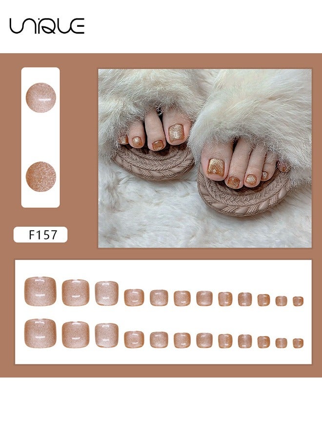يونيك 24 قطعة أظافر مزيفة ، أظافر ضغط ، أظافر قدم فرنسية - درع القدم الذهبي - درع قدم عين القط اللامع - رقعة أظافر مزيفة - Image 2