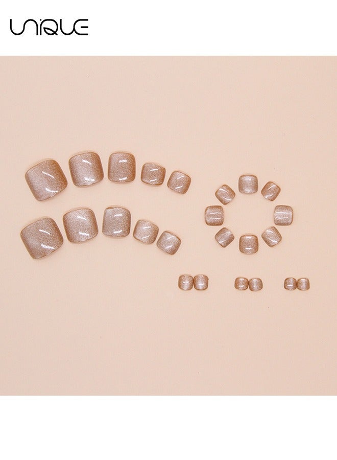 يونيك 24 قطعة أظافر مزيفة ، أظافر ضغط ، أظافر قدم فرنسية - درع القدم الذهبي - درع قدم عين القط اللامع - رقعة أظافر مزيفة - Image 3