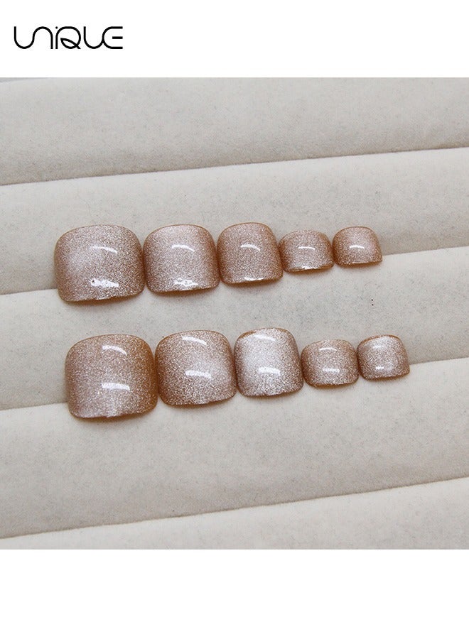 يونيك 24 قطعة أظافر مزيفة ، أظافر ضغط ، أظافر قدم فرنسية - درع القدم الذهبي - درع قدم عين القط اللامع - رقعة أظافر مزيفة - Image 4