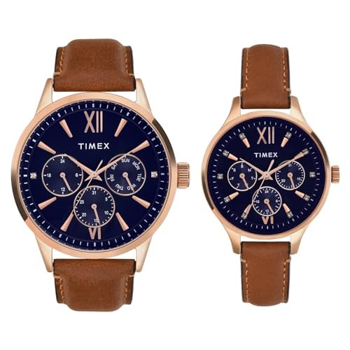 TIMEX Analog Watch for Unisex with Blue Round Dial & Brown Leather Strap Band Water Resistant Unisex Wrist Watches - TW00PR302 - Image 1
