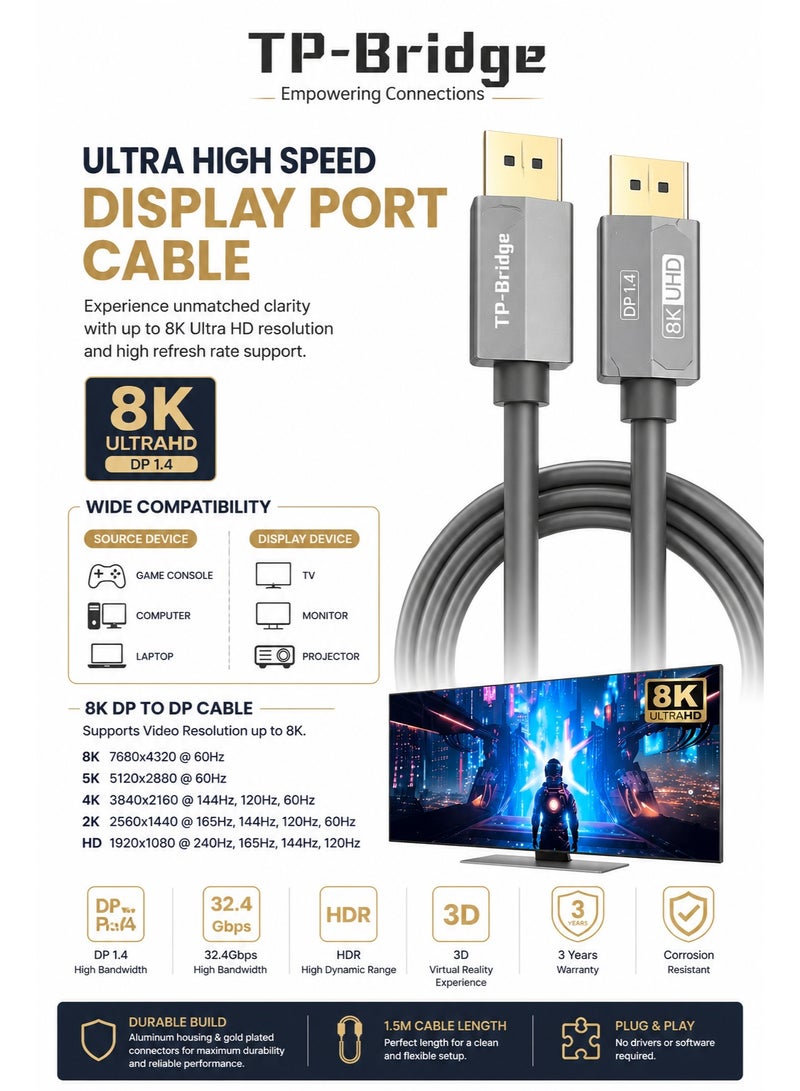 TP-BRIDGE DisplayPort Cable 8K Ultra HD DP 1.4 – 1.5M High Speed Display Port Cable 8K@60Hz 4K@144Hz, HDR, Gaming & Monitor Compatible - Image 2