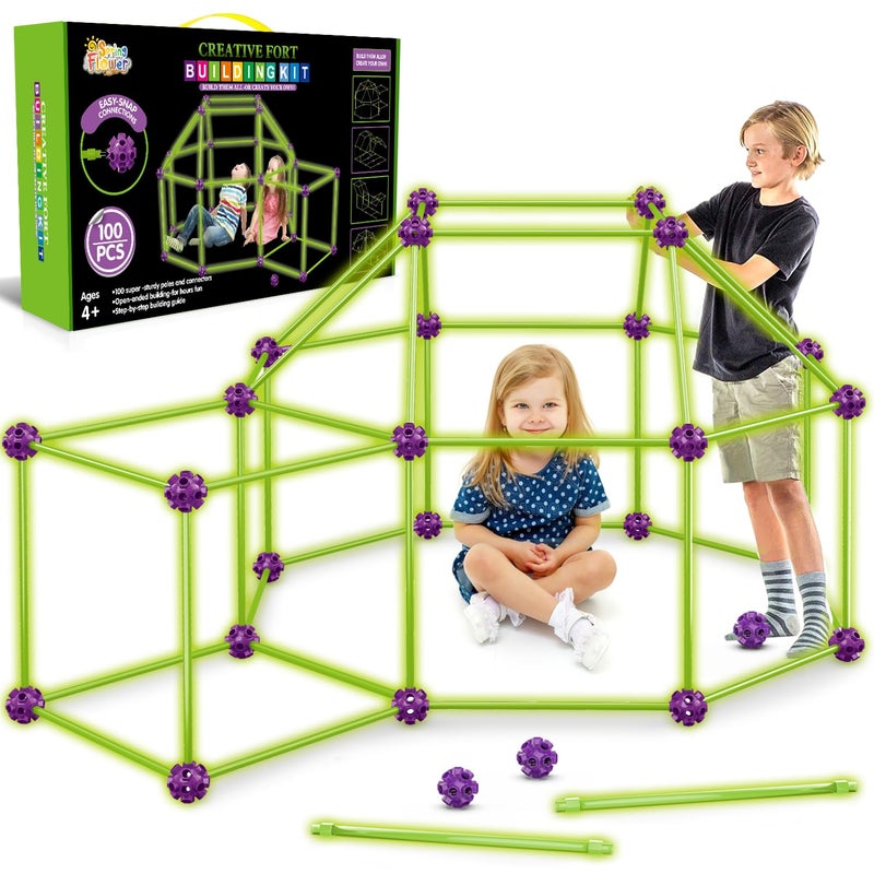 spring flower SpringFlower 100 PCS Glow in The Dark Fort Building Kit for KidsEducational Gift for 3 4 5 6 7 8 9 10 11 12 Years Old Boys and GirlsSTEM Construction Toys - Image 3