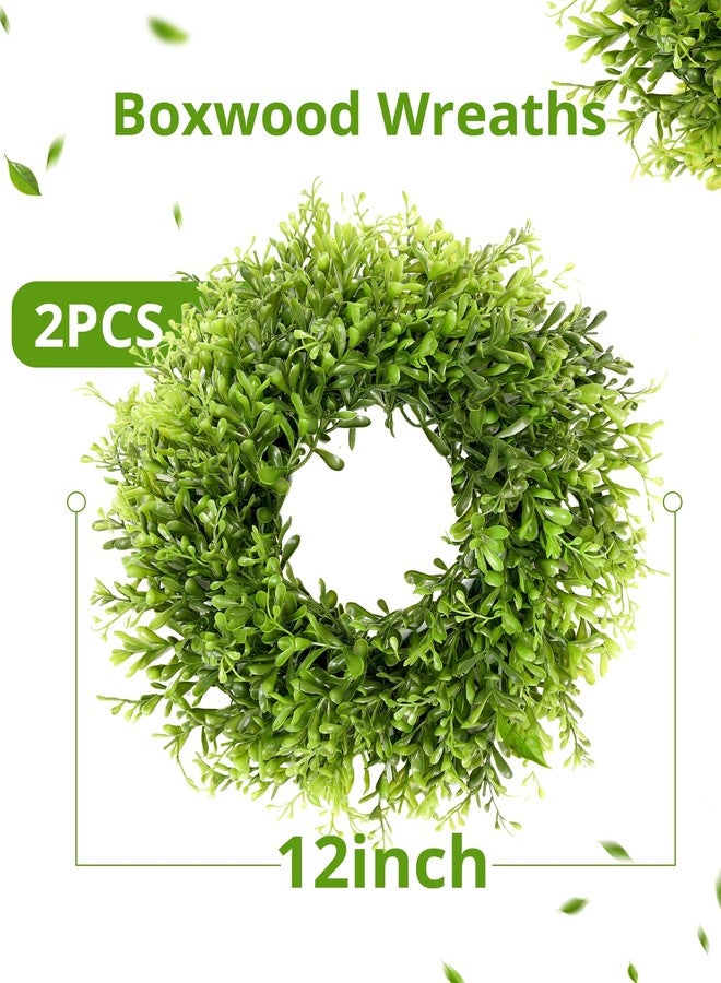 Vlorart 12 Inch Small Boxwood Wreath for Front Door, 2 Pcs Small Green Wreath Artificial Boxwood Wreaths Weatherproof, Spring Summer Mini Wreaths for Cabinets Window Wedding Farmhouse Indoor Outdoor - Image 3