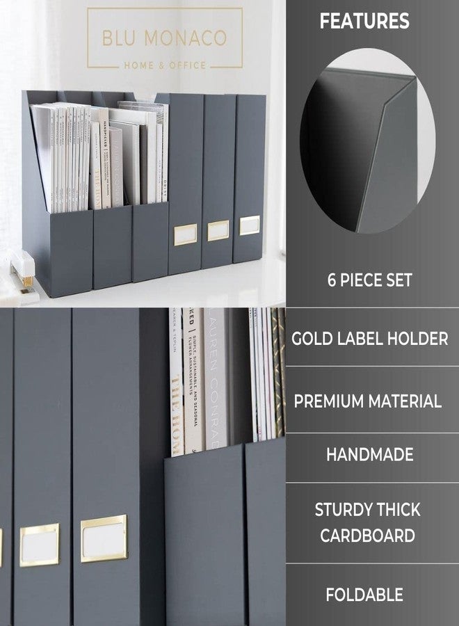 BLU MONACO Set of 6 Foldable Grey Magazine Holders with Gold Label Holders - Stylish File Boxes for Home Office Desktop, Bookshelf, or Classroom Organization - Image 5