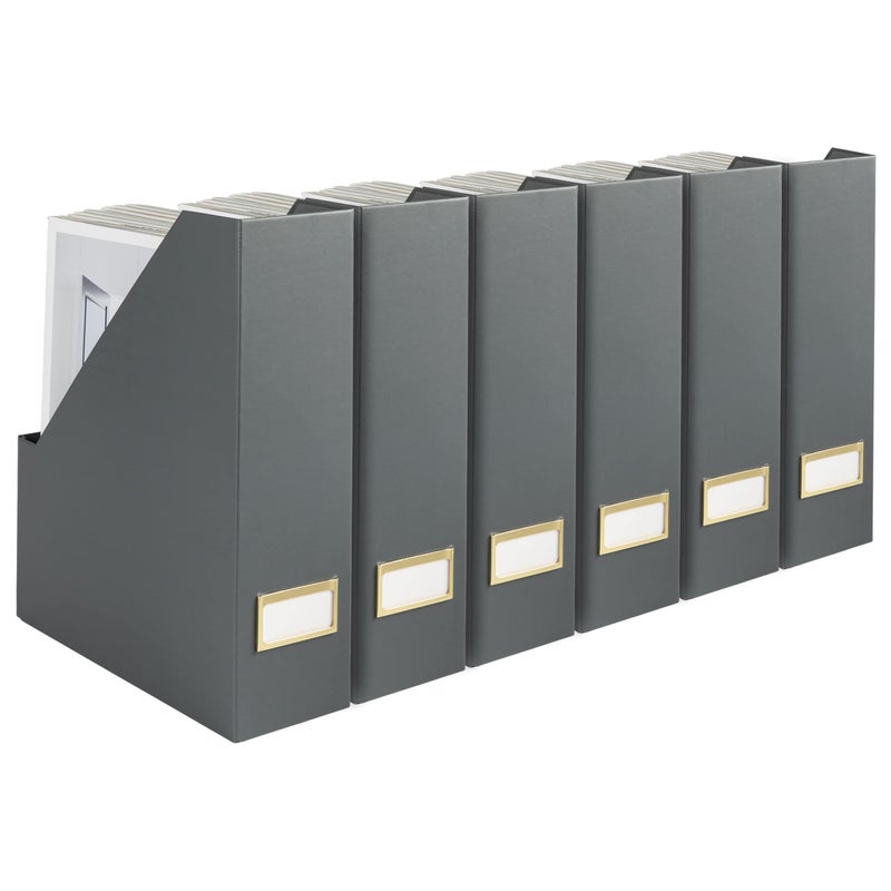 BLU MONACO Set of 6 Foldable Grey Magazine Holders with Gold Label Holders - Stylish File Boxes for Home Office Desktop, Bookshelf, or Classroom Organization - Image 1