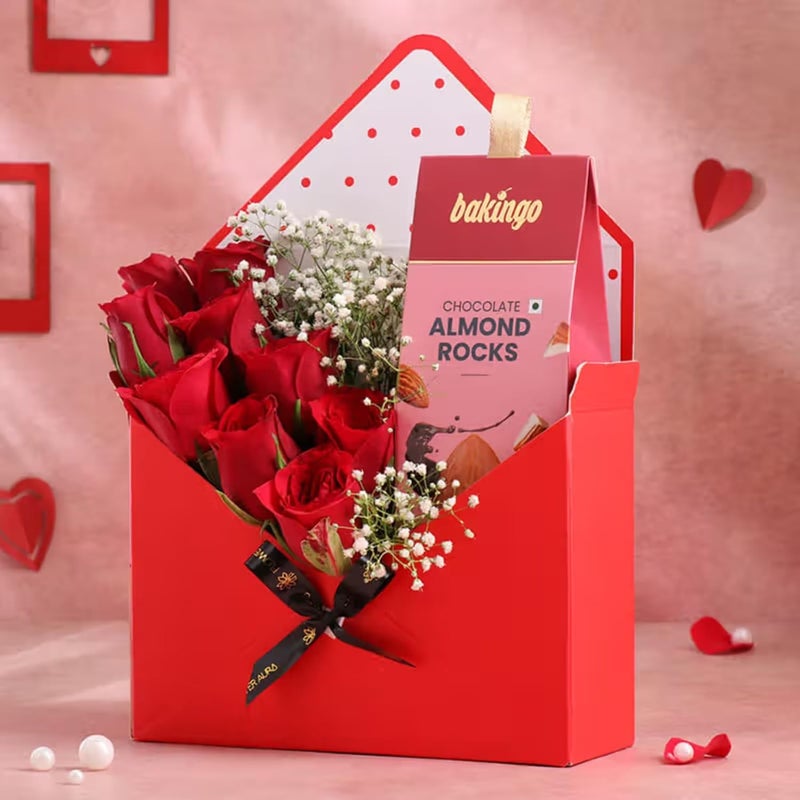 FlowerAura Love Bouquet of 12 Red Roses Almonds Rocks In Envelope Box For Birthday Anniversary Gift Valentines Day Gift For Boyfriend Girlfriend Wife Husband Men Women Same Day Delivery - Image 1