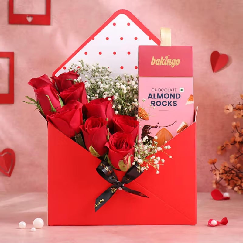FlowerAura Love Bouquet of 12 Red Roses Almonds Rocks In Envelope Box For Birthday Anniversary Gift Valentines Day Gift For Boyfriend Girlfriend Wife Husband Men Women Same Day Delivery - Image 2