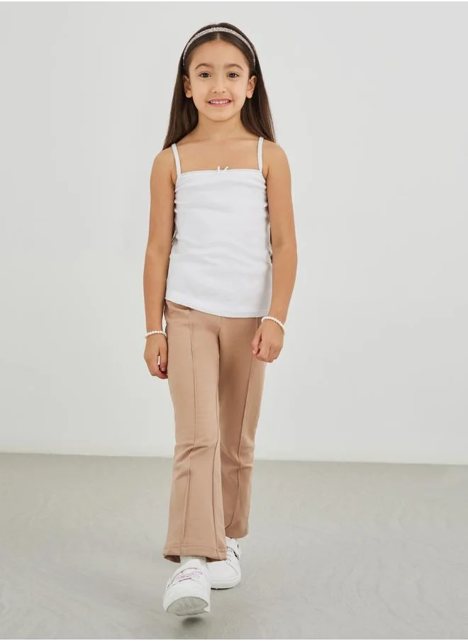 Styli Styli Girls Beige Solid Pin Tuck Flared Leggings