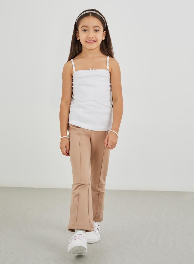 Styli Girls Beige Solid Pin Tuck Flared Leggings - Image 2
