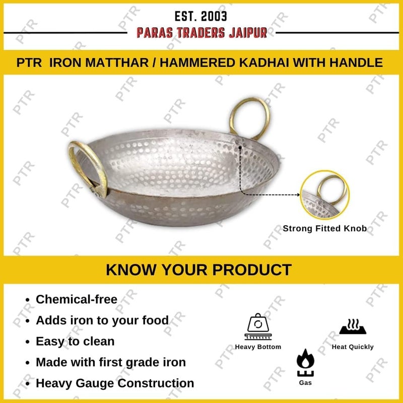PTR Pure Iron Deep Frying Kadai Indias First Kadhai with Smooth Edges Best Frying Pan Wok Heavy Base Handmade Hammered Matthar Metal Spoon Friendly Dishwasher Safe Strong Riveted Handle 35 Litre - Image 2