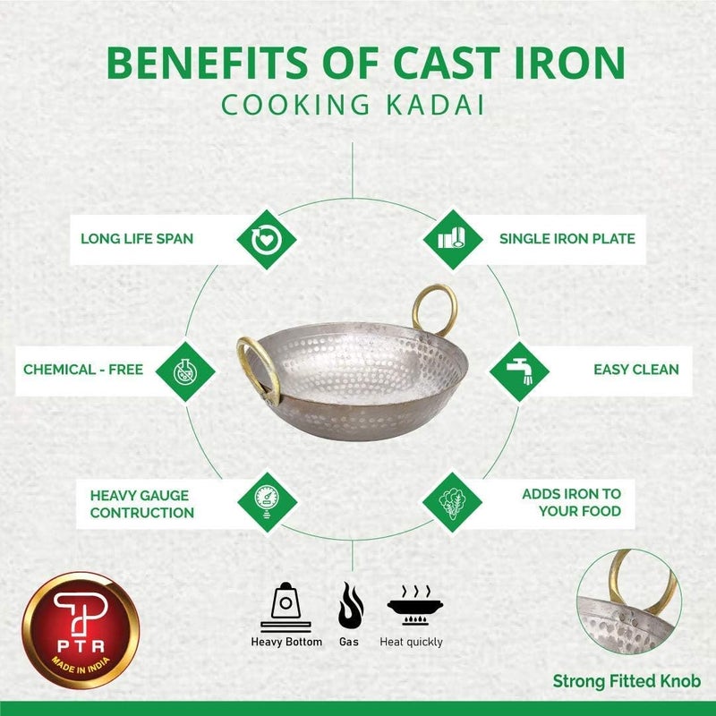 PTR Pure Iron Deep Frying Kadai Indias First Kadhai with Smooth Edges Best Frying Pan Wok Heavy Base Handmade Hammered Matthar Metal Spoon Friendly Dishwasher Safe Strong Riveted Handle 35 Litre - Image 4