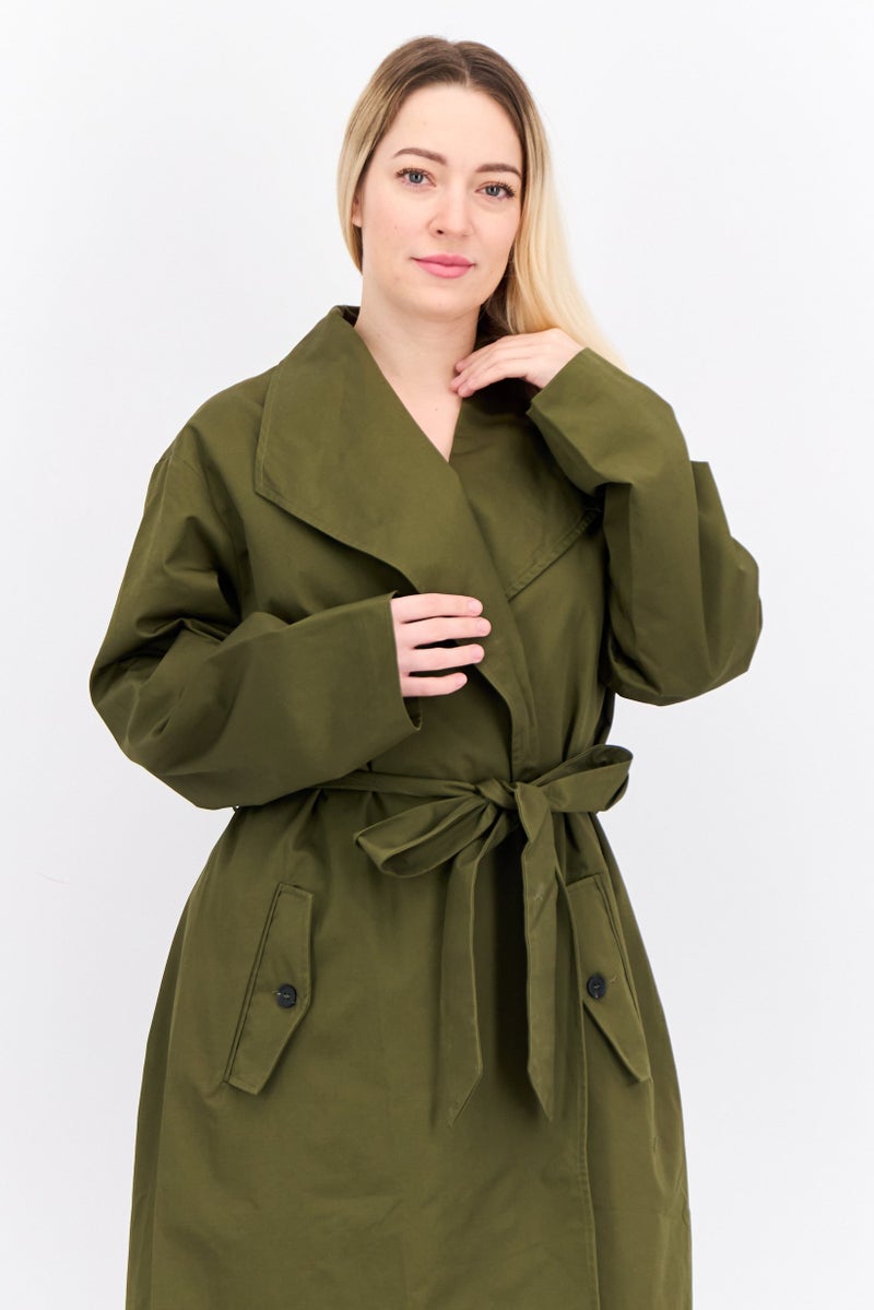 Unique21 Women Petite Solid Belted Trench Coat, Olive  - Image 4